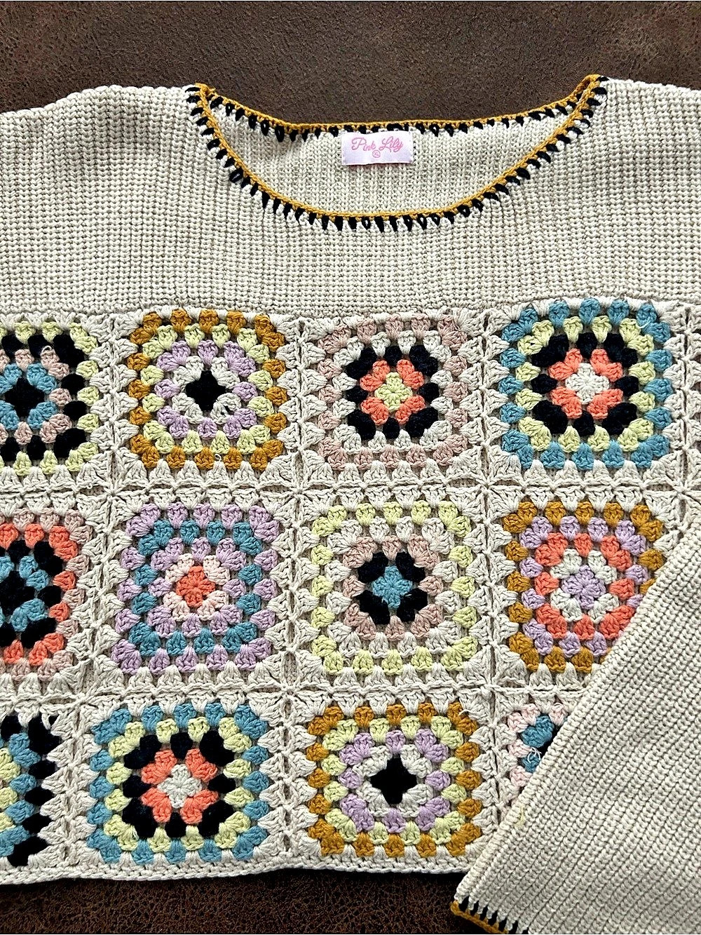 Pink Lily Granny Square Crochet Sleeve Sweater Cream & Multicolor